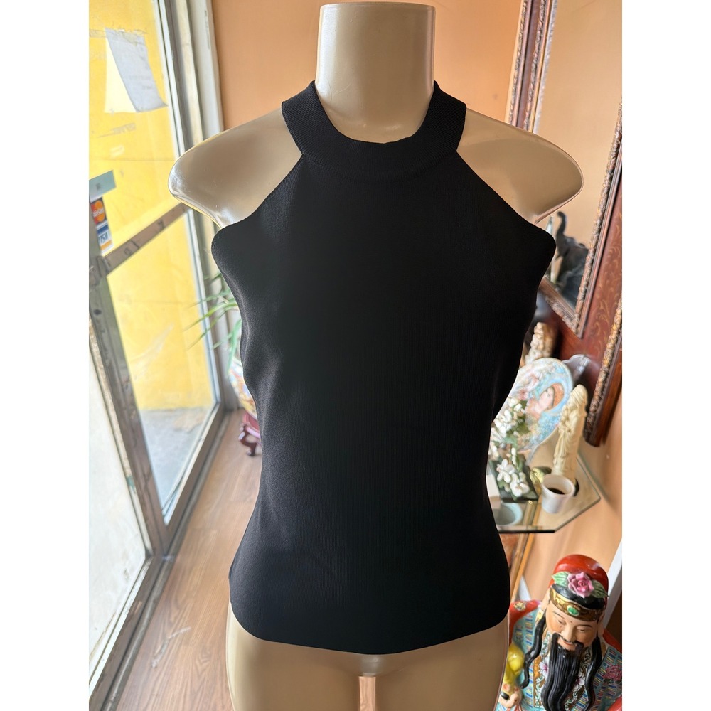 Hobemty Womens Black High Halter Neck Ribbed Knit Sleeveless Top‎ Size XL